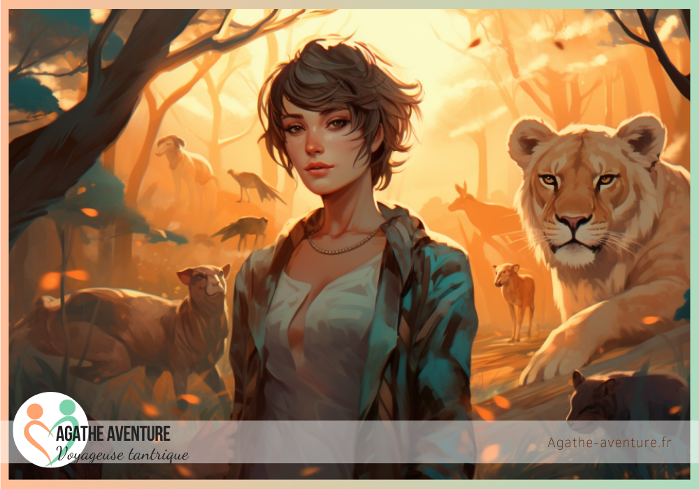 a beautiful woman with short hair in harmony with nature, the animals let her walk quietly in the forest, she is surrounded by a halo oh light, there is lot of nature around her, large spiritual landscape, green, teal, and peach color tone