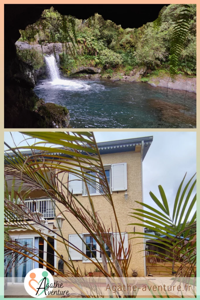 image du haut : petite cascade qui tombe dans le bassin des hirondelles sur la rivière Langevin, île paradisiaque de La Réunion dans l'Océan indien, image du bas : maison jaune avec une terrasse à l'étage, au premier plan des palmiers multipliants, le lieu a des volets blancs aux fenêtres